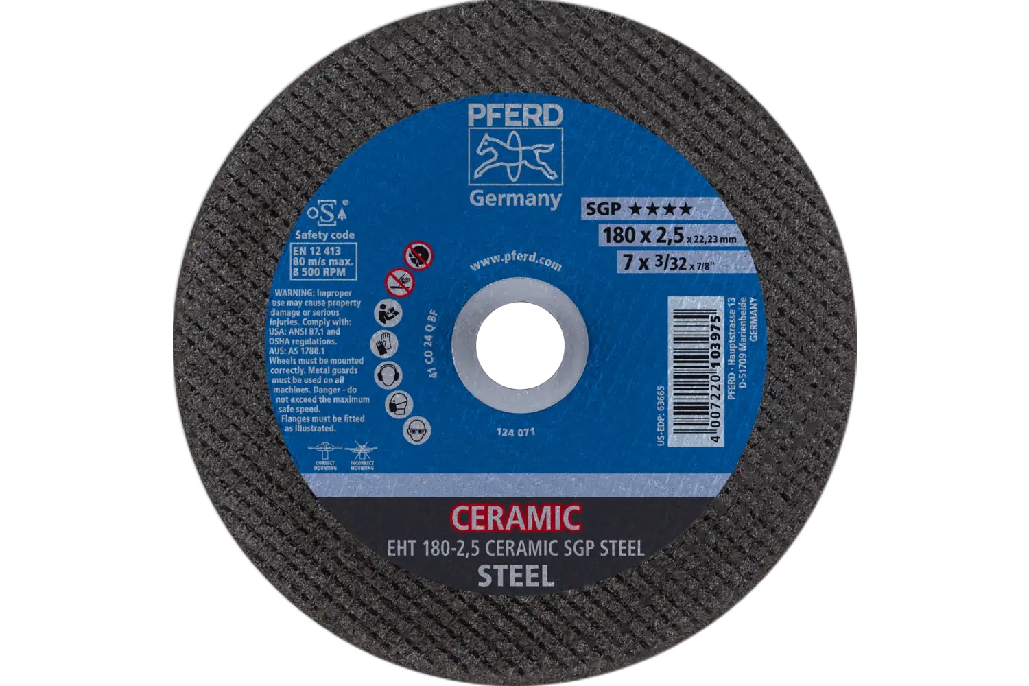 Picture of Pferd Cut-Off Wheel, 7" X 3/32 X 7/8, Ceramic Sgp Steel, T1, Ceramic Oxide